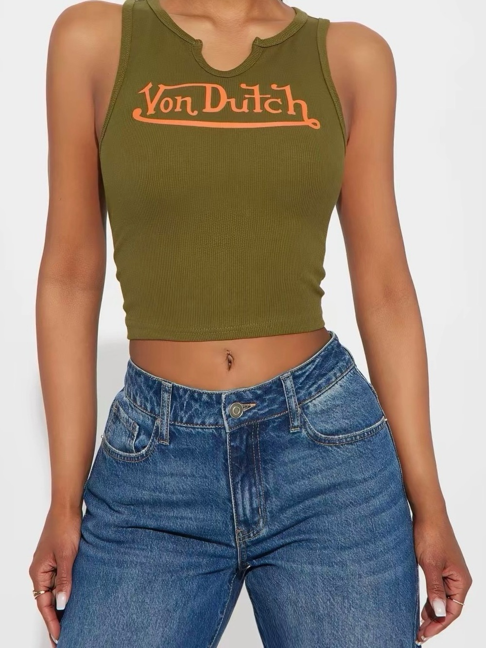 Von Dutch Logo Ribbed Crop Tank Top Olive Size L